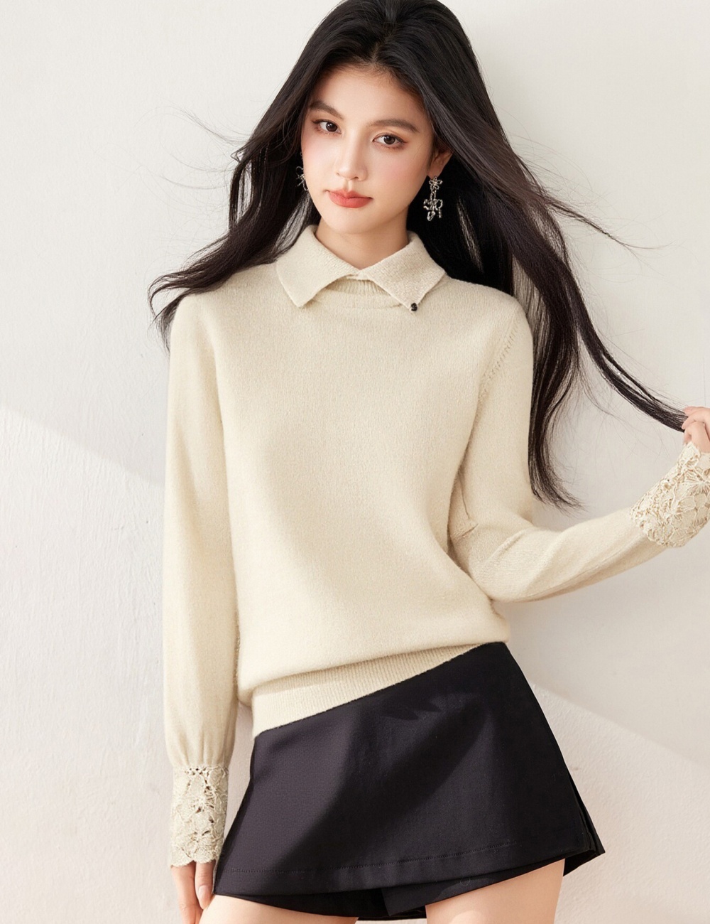 Winter pullover hollow hook flower lapel cuff sweater