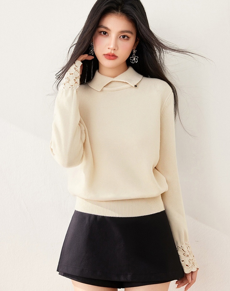 Winter pullover hollow hook flower lapel cuff sweater