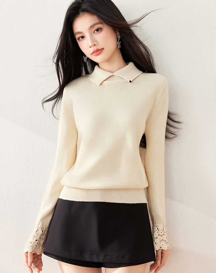 Winter pullover hollow hook flower lapel cuff sweater