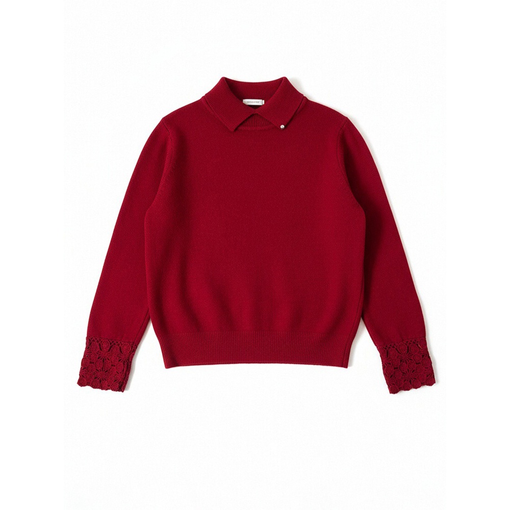 Winter pullover hollow hook flower lapel cuff sweater