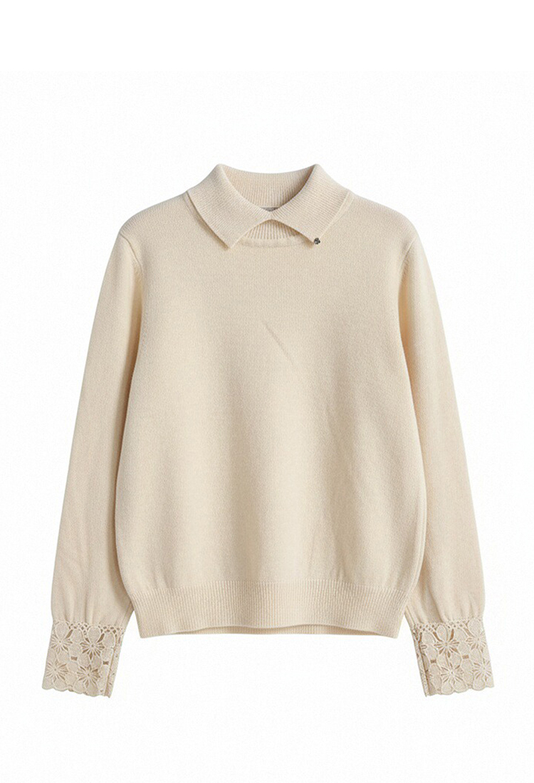 Winter pullover hollow hook flower lapel cuff sweater