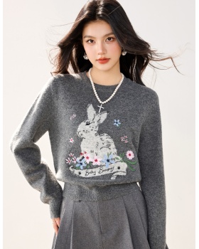 Jacquard round neck tops embroidery sweater for women