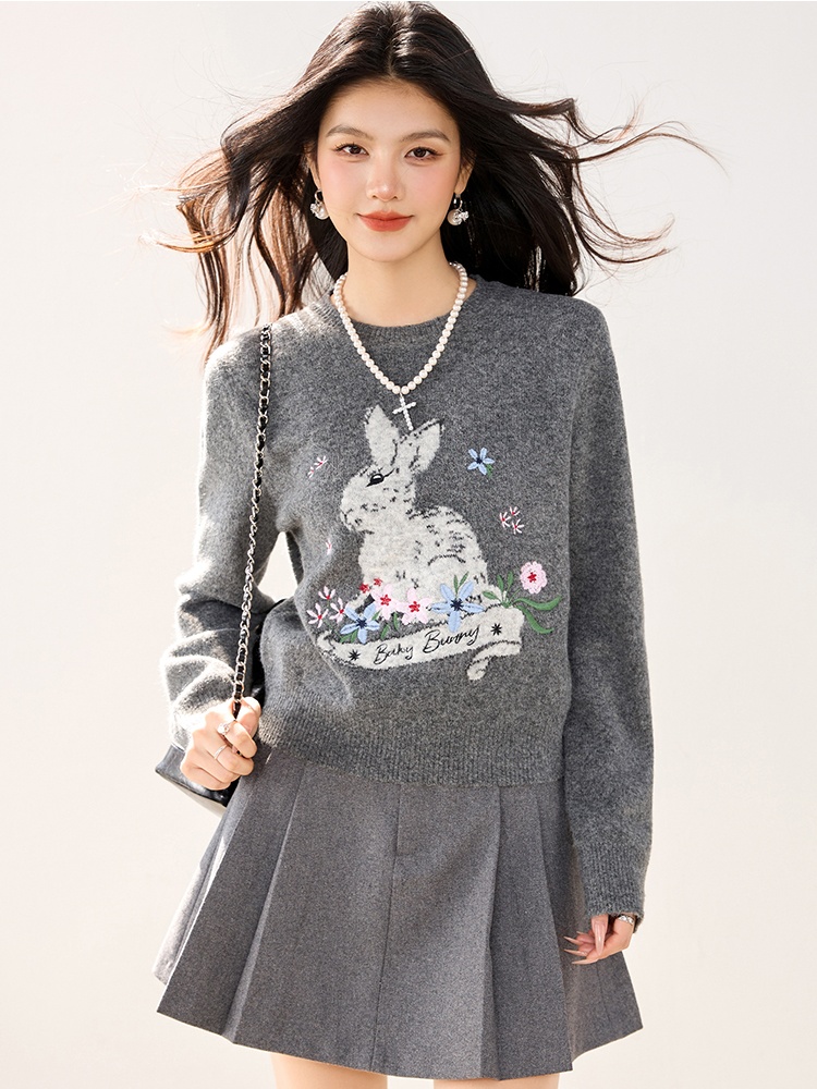 Jacquard round neck tops embroidery sweater for women