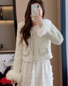 Chanelstyle down sequins fox fur sleeve winter jacket