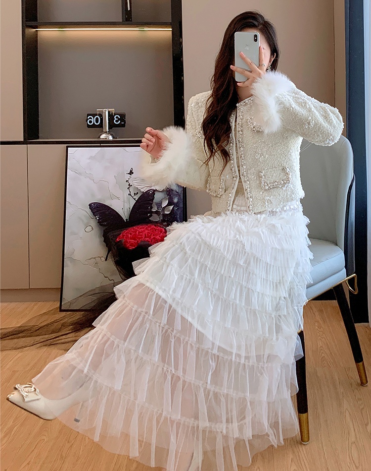 Chanelstyle down sequins fox fur sleeve winter jacket