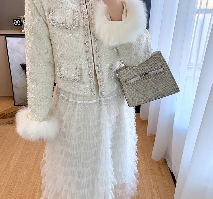 Chanelstyle down sequins fox fur sleeve winter jacket