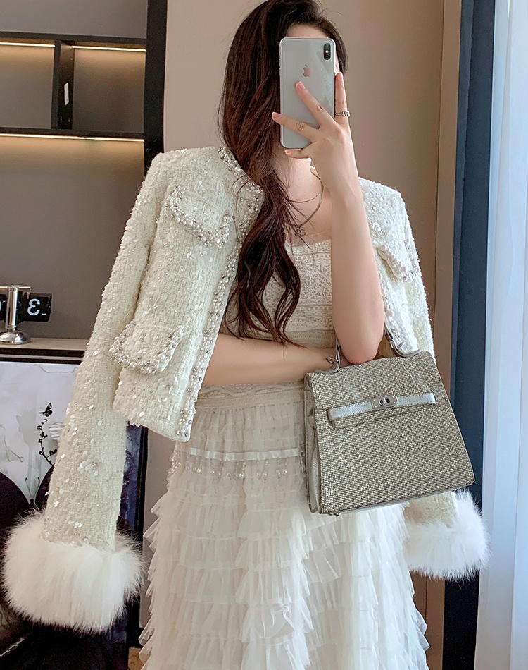 Chanelstyle down sequins fox fur sleeve winter jacket