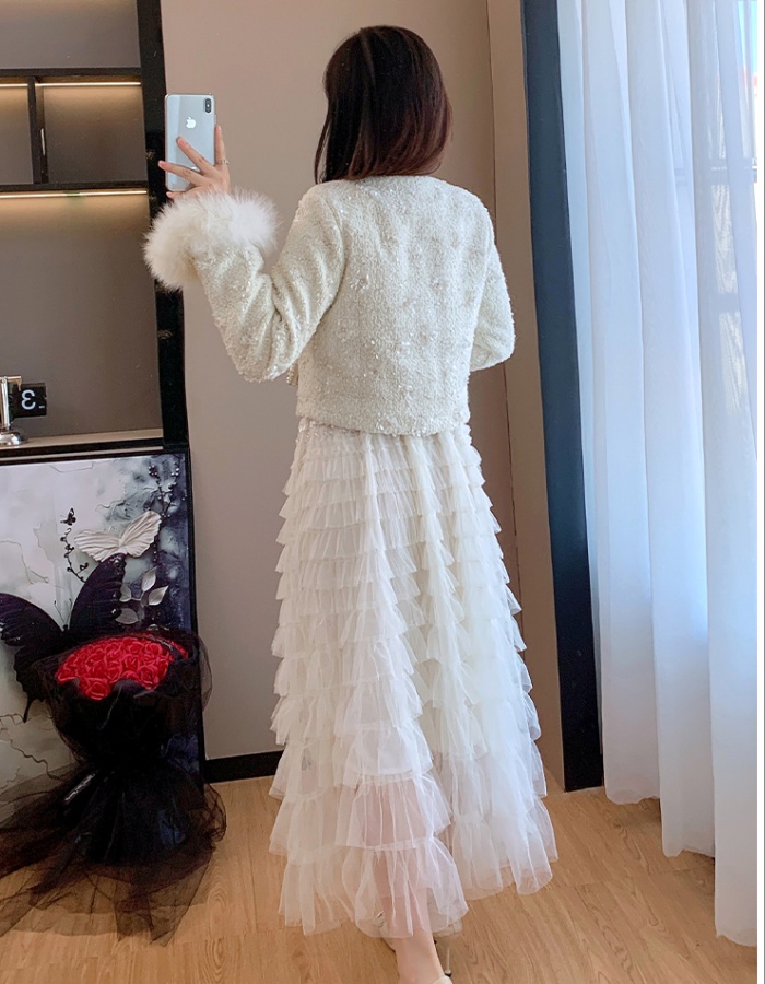Chanelstyle down sequins fox fur sleeve winter jacket
