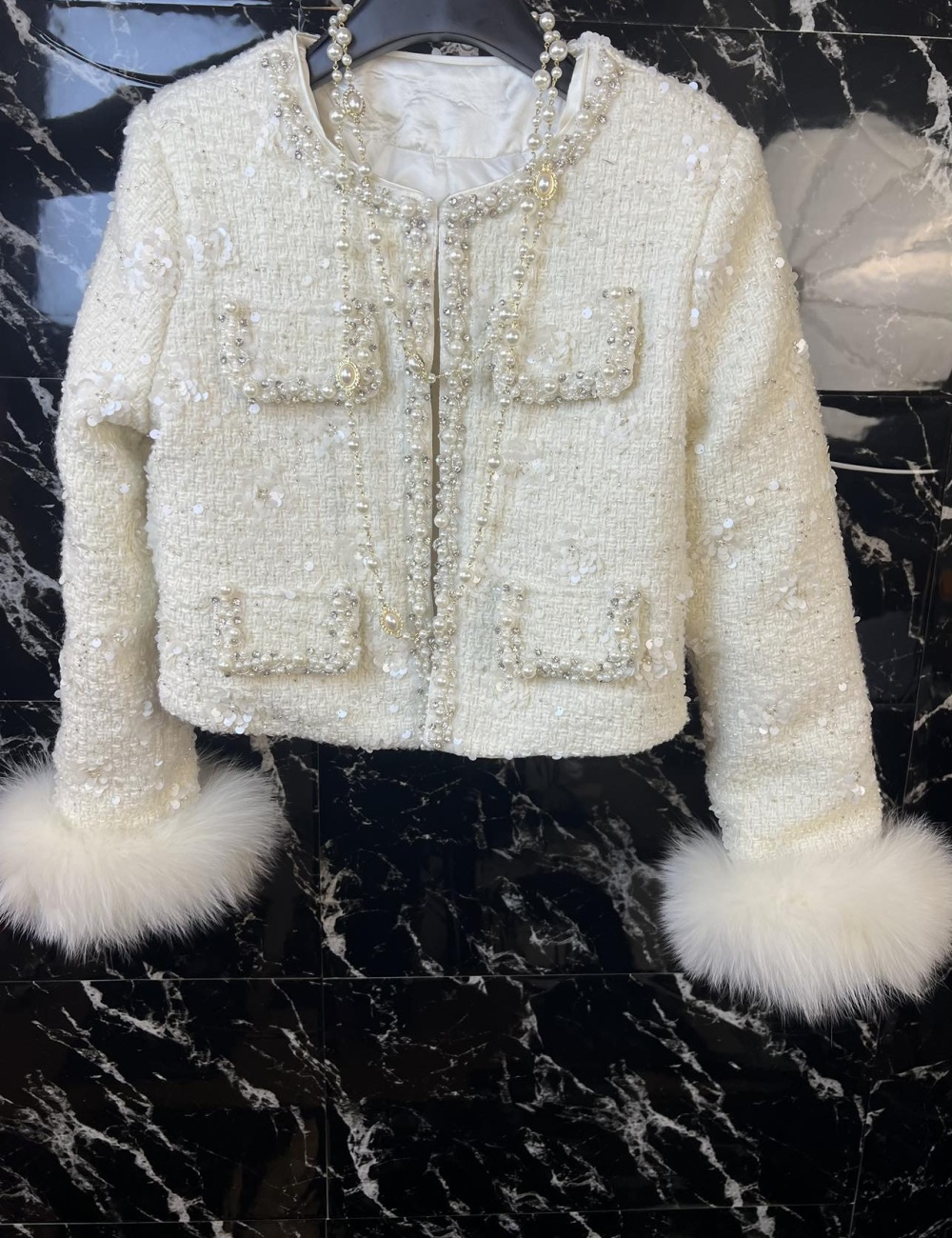 Chanelstyle down sequins fox fur sleeve winter jacket