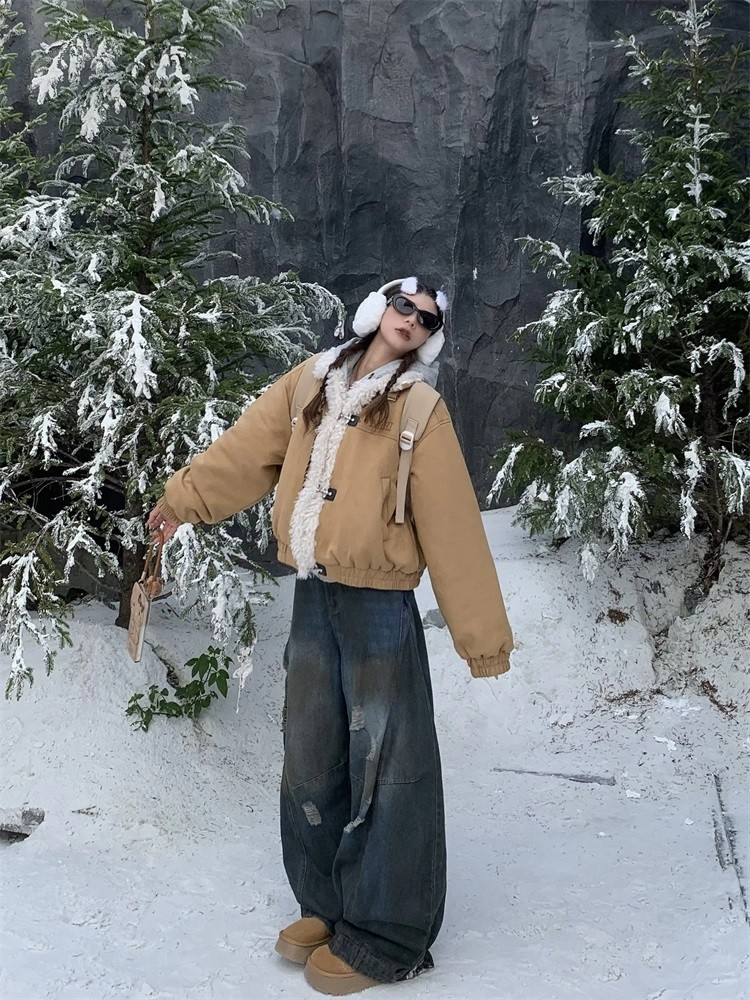 Imitation lamb's wool short cotton coat retro tops for women