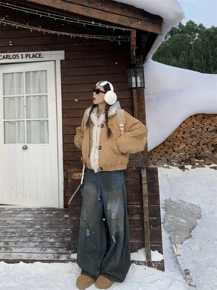 Imitation lamb's wool short cotton coat retro tops for women