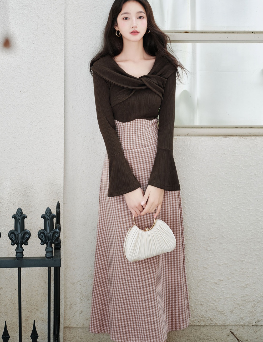 Plaid retro flat shoulder unique tender knitted dress