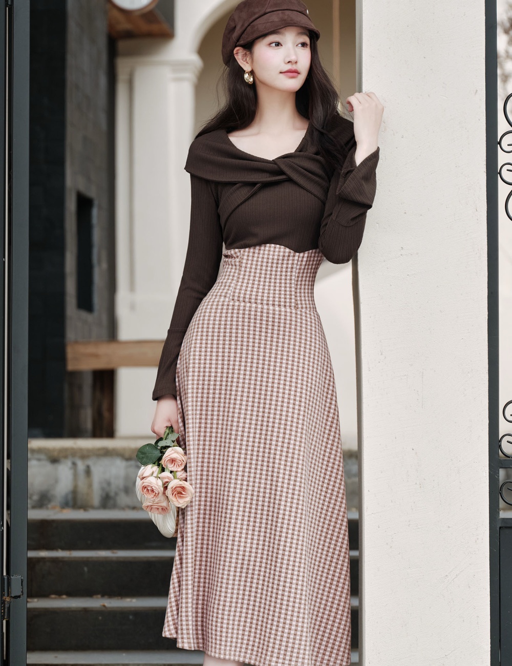 Plaid retro flat shoulder unique tender knitted dress