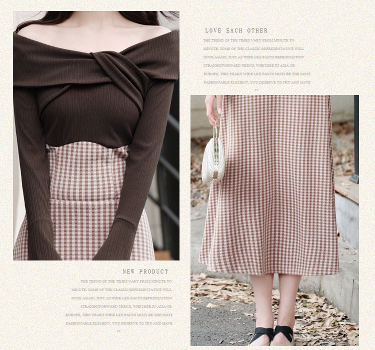 Plaid retro flat shoulder unique tender knitted dress