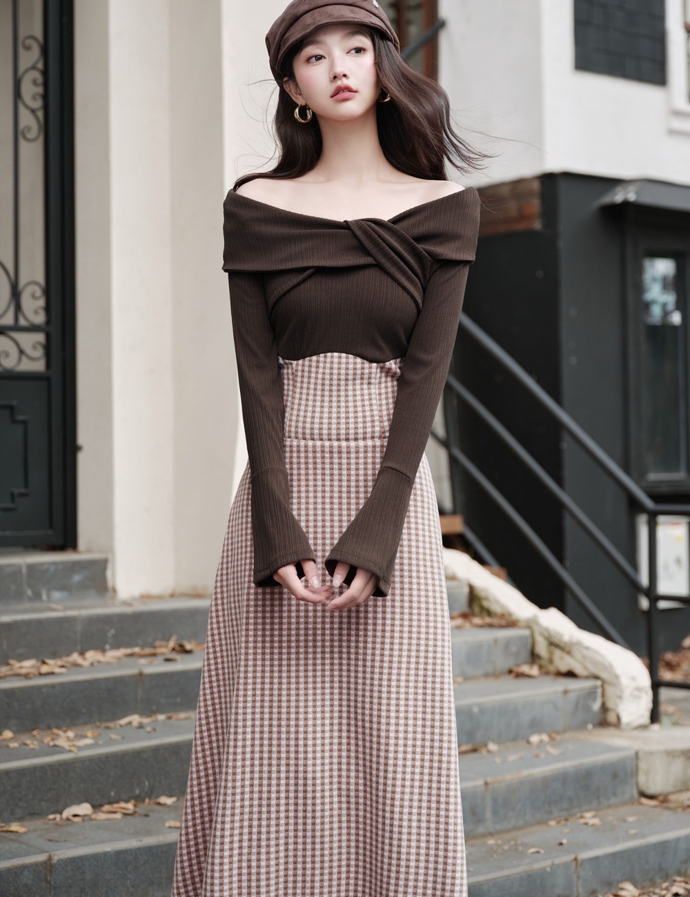 Plaid retro flat shoulder unique tender knitted dress