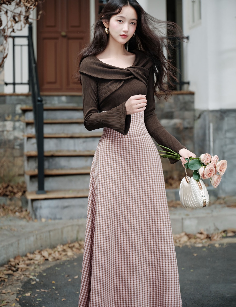 Plaid retro flat shoulder unique tender knitted dress