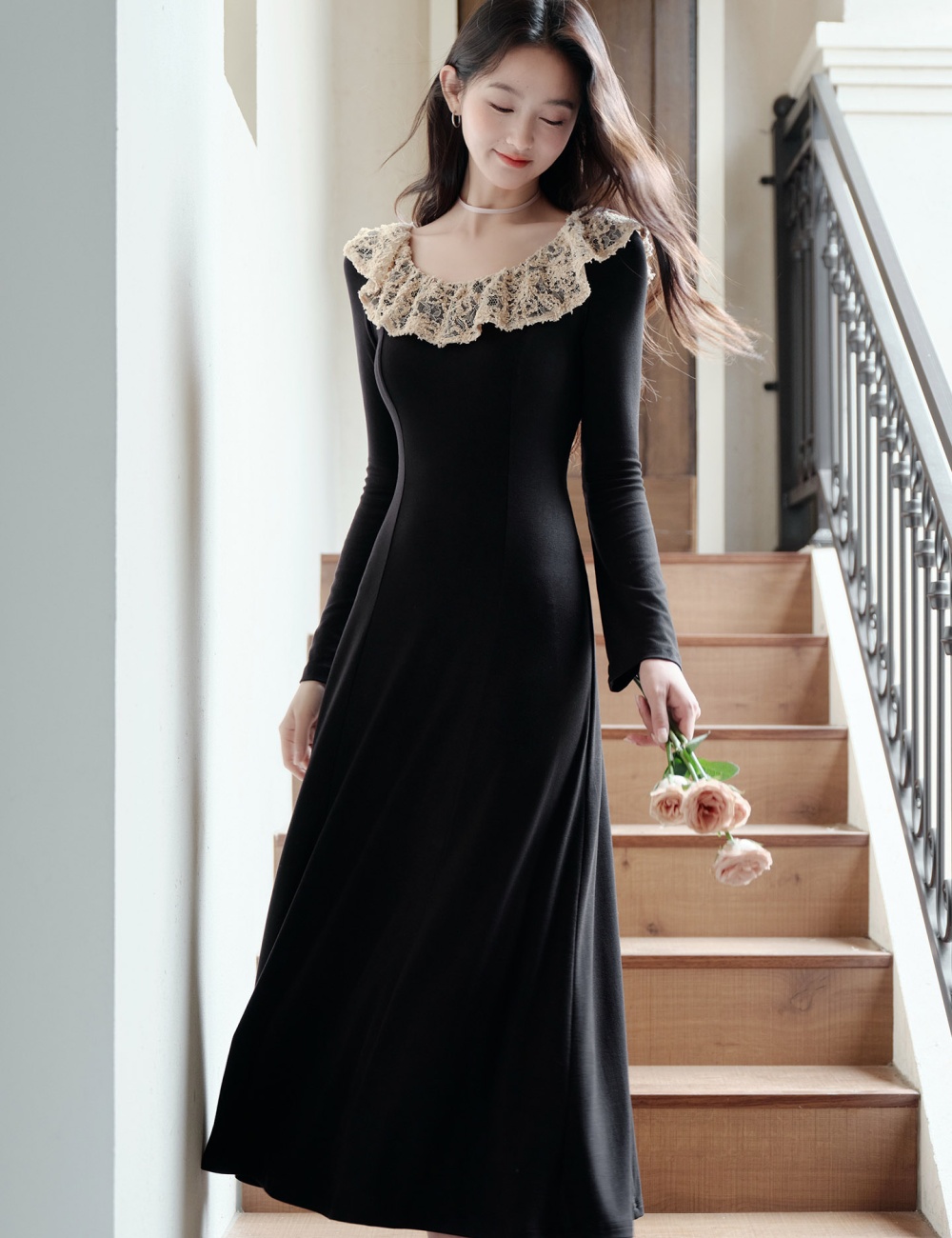 Pinched waist long dress black dress for women
