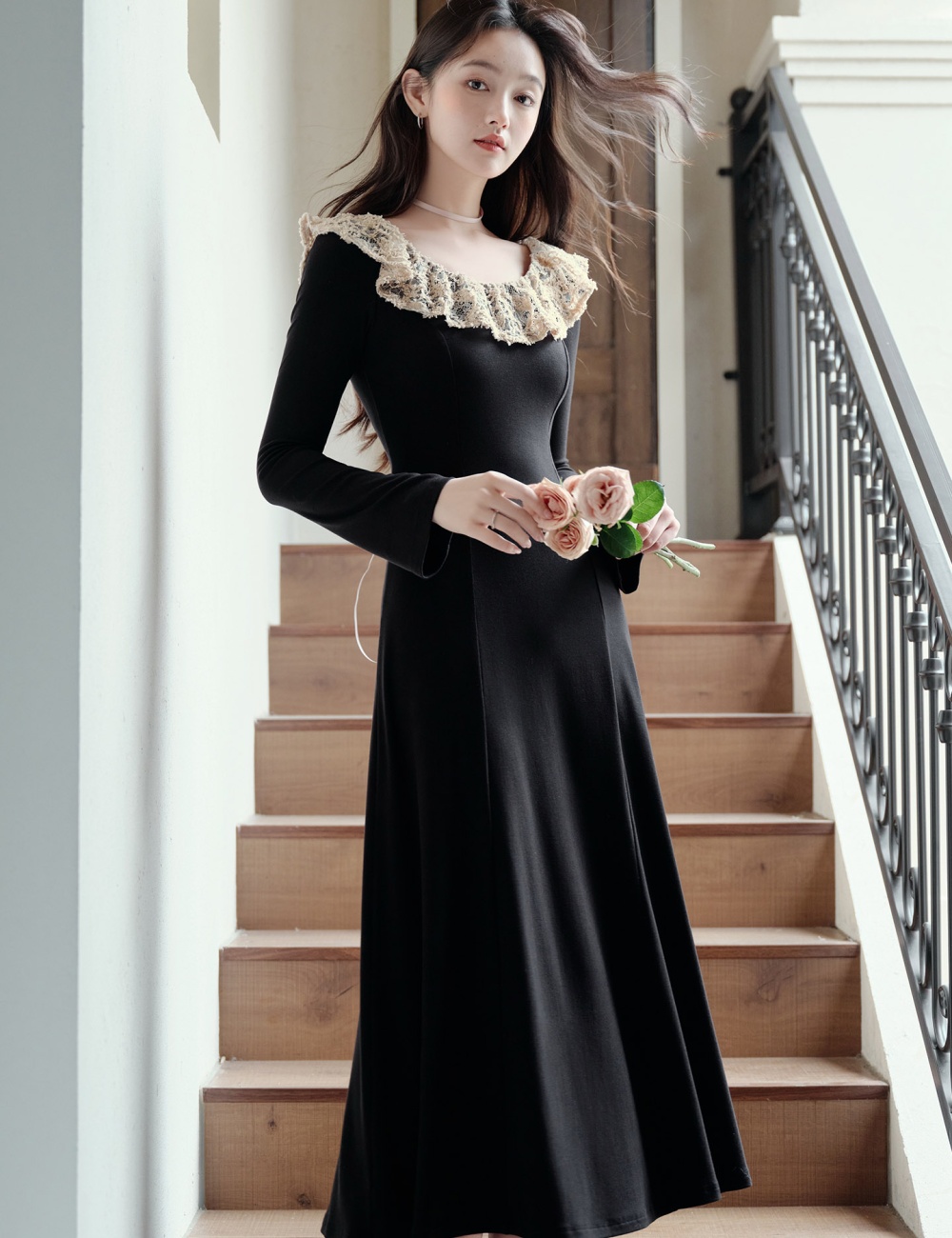 Pinched waist long dress black dress for women