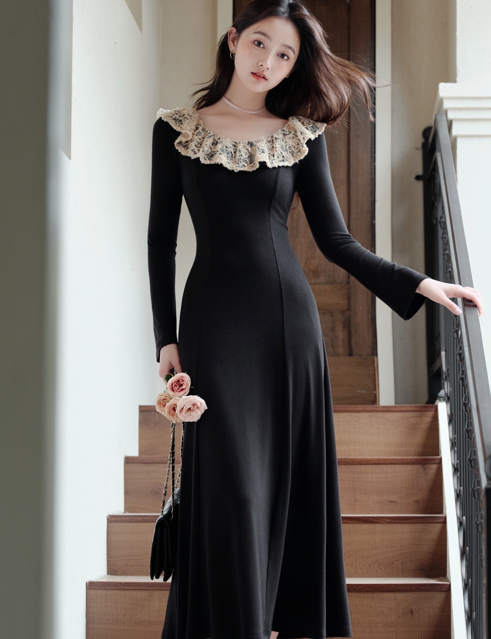 Pinched waist long dress black dress for women