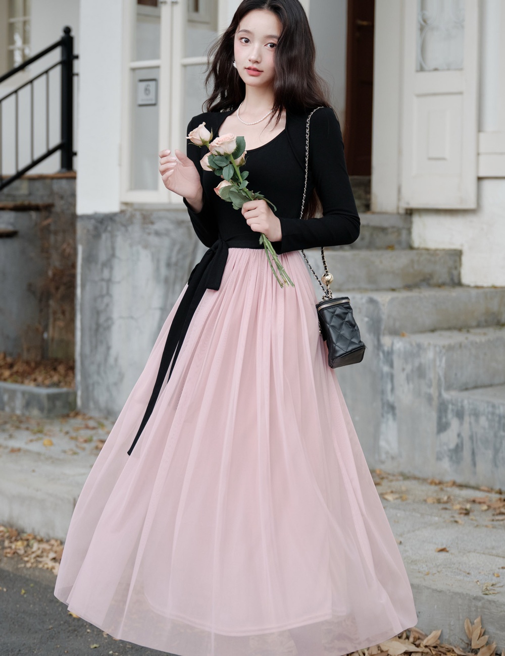 Frenum mixed colors waistcoat long sleeve dress for women