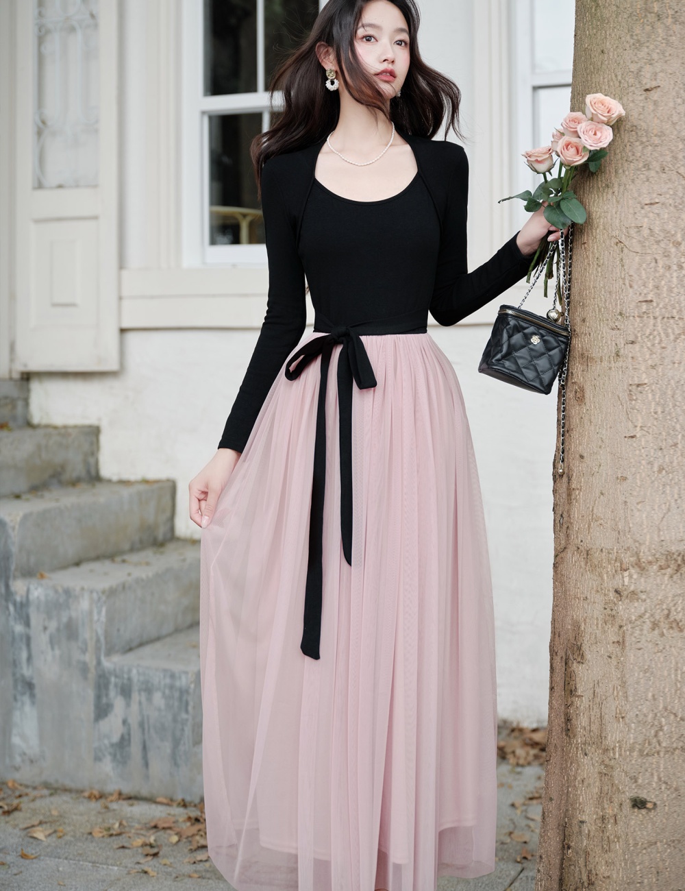 Frenum mixed colors waistcoat long sleeve dress for women