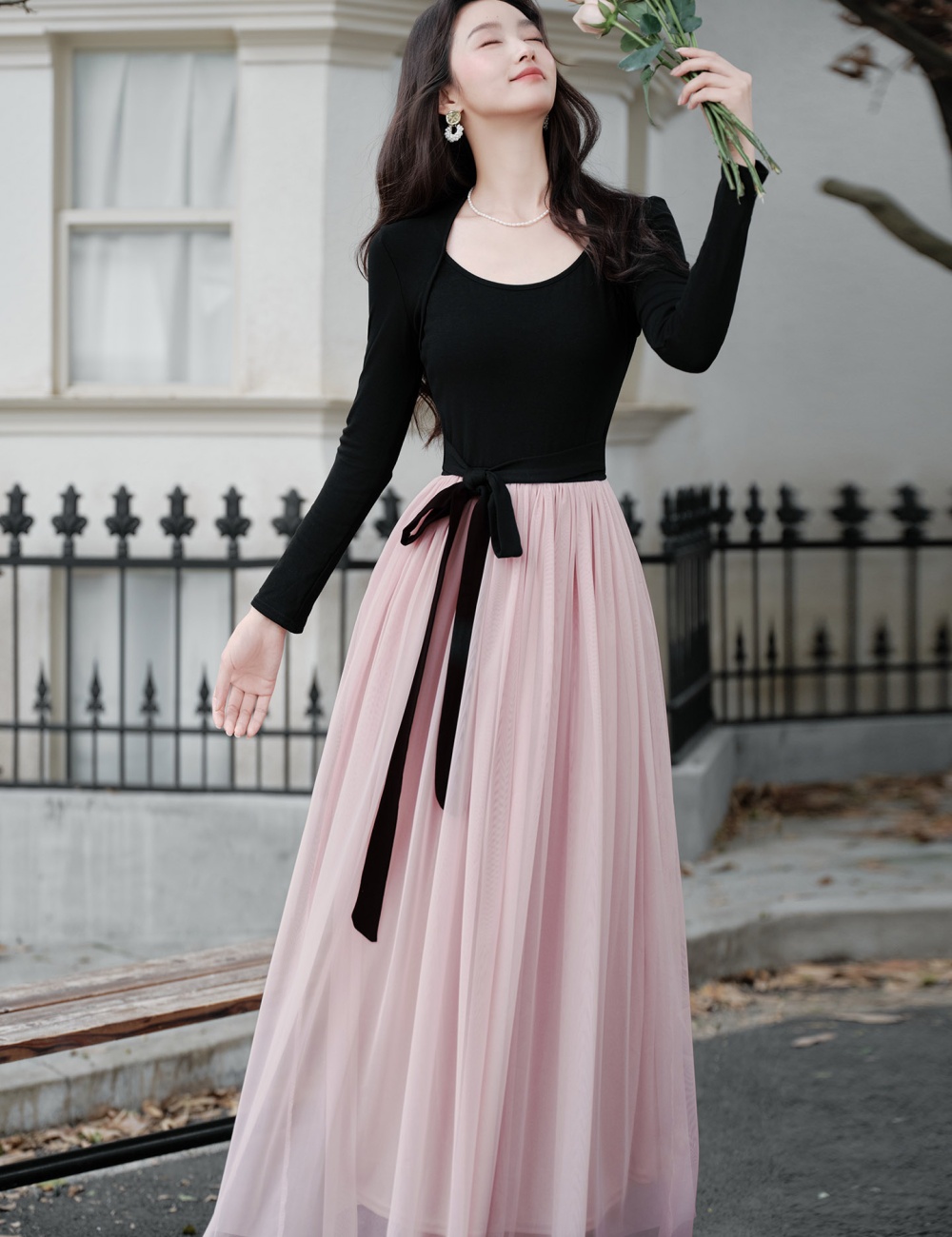 Frenum mixed colors waistcoat long sleeve dress for women