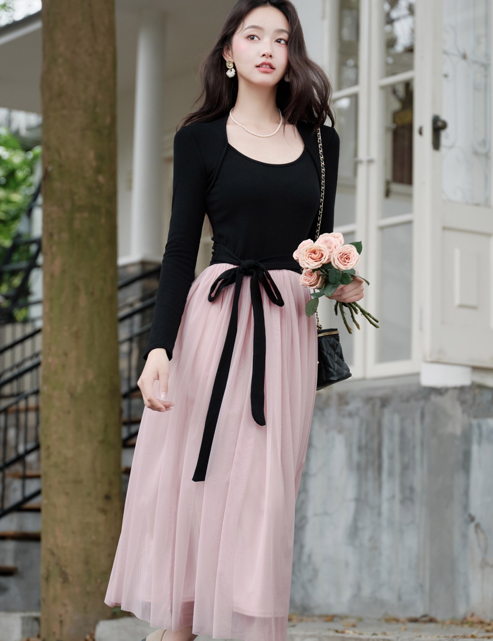 Frenum mixed colors waistcoat long sleeve dress for women