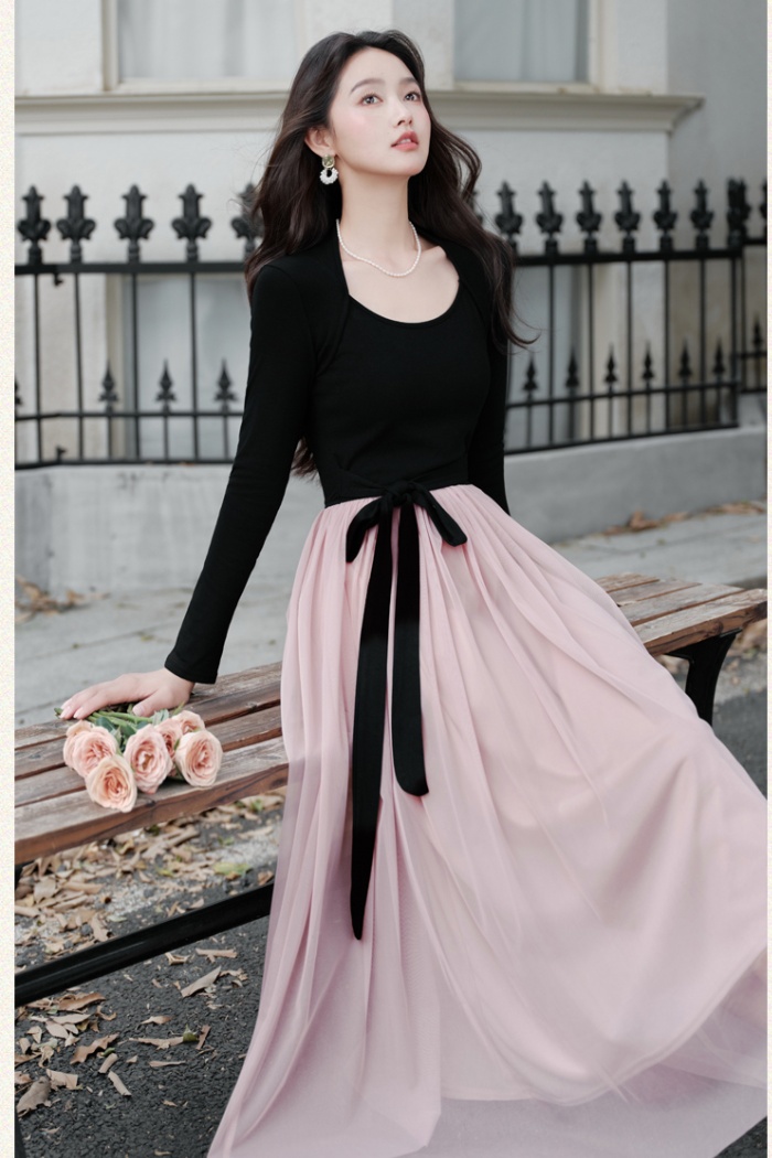 Frenum mixed colors waistcoat long sleeve dress for women