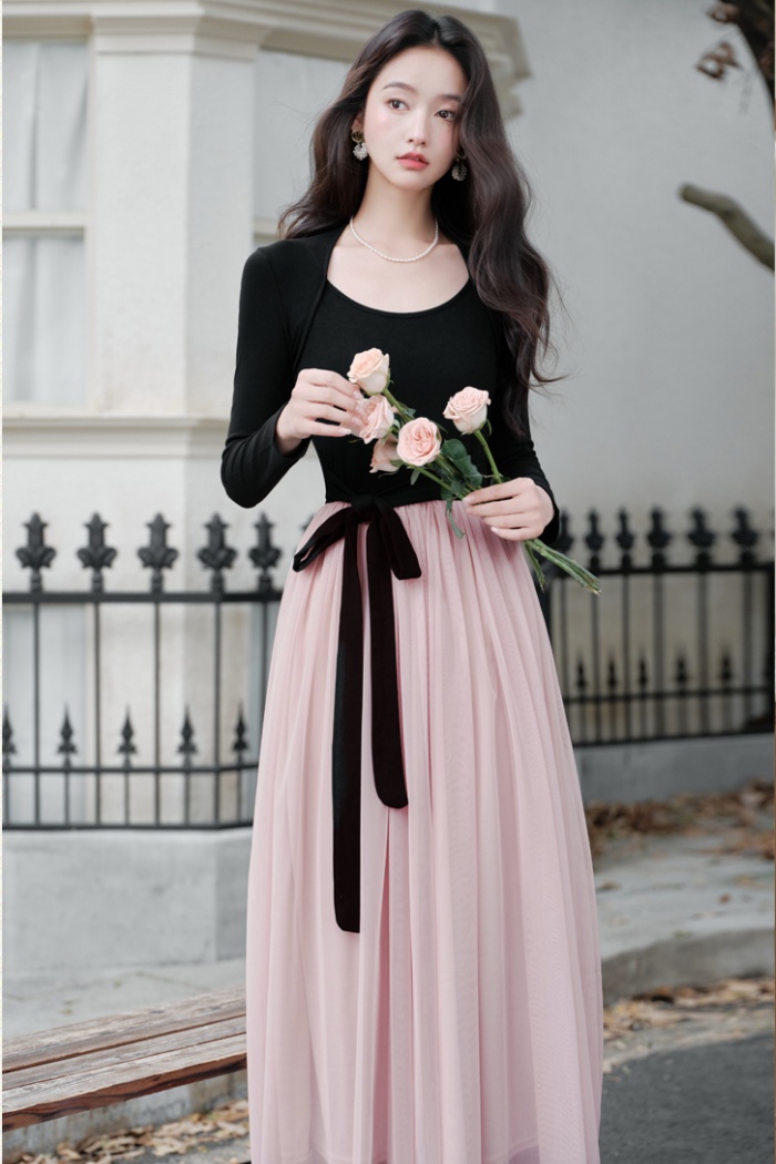 Frenum mixed colors waistcoat long sleeve dress for women