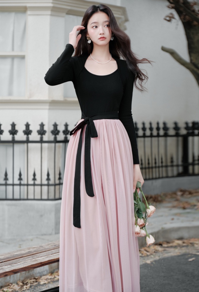 Frenum mixed colors waistcoat long sleeve dress for women