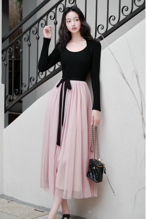 Frenum mixed colors waistcoat long sleeve dress for women
