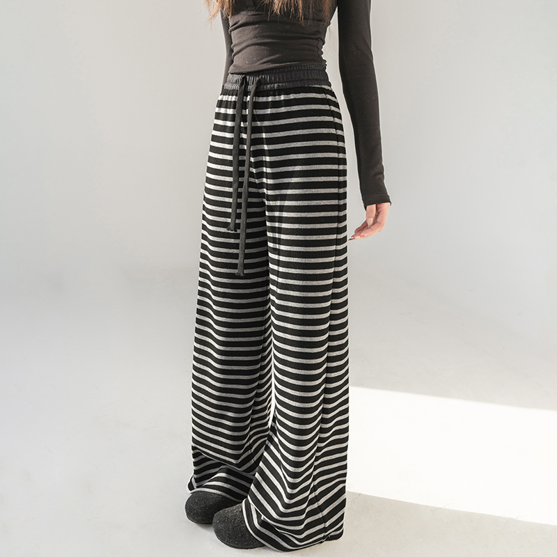 Wide leg knitted casual pants stripe sweatpants for women