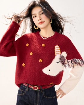 Embroidery flowers tassels pony sweater