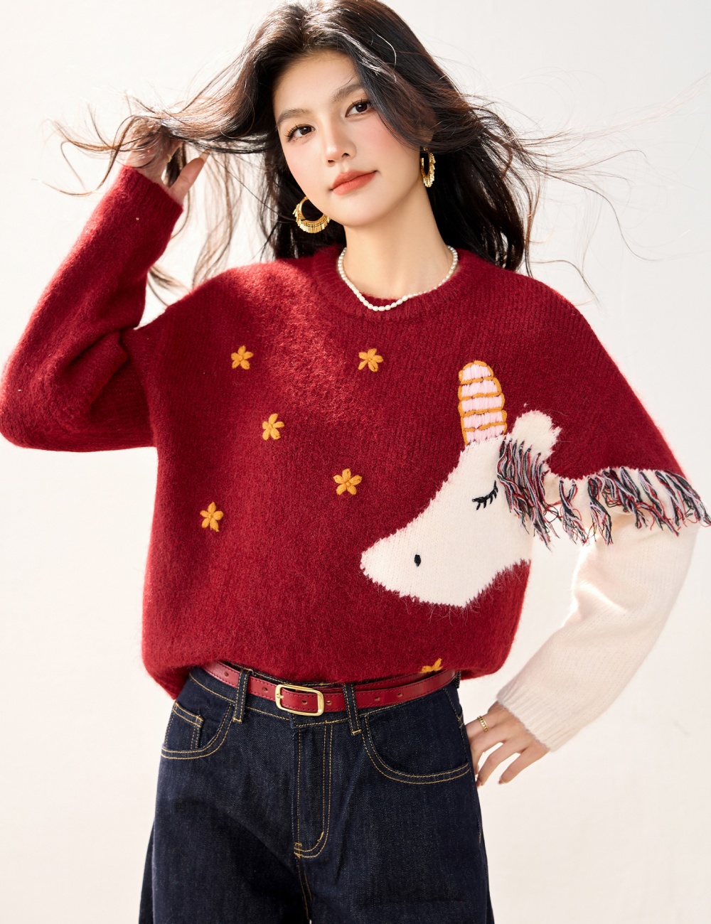 Embroidery flowers tassels pony sweater