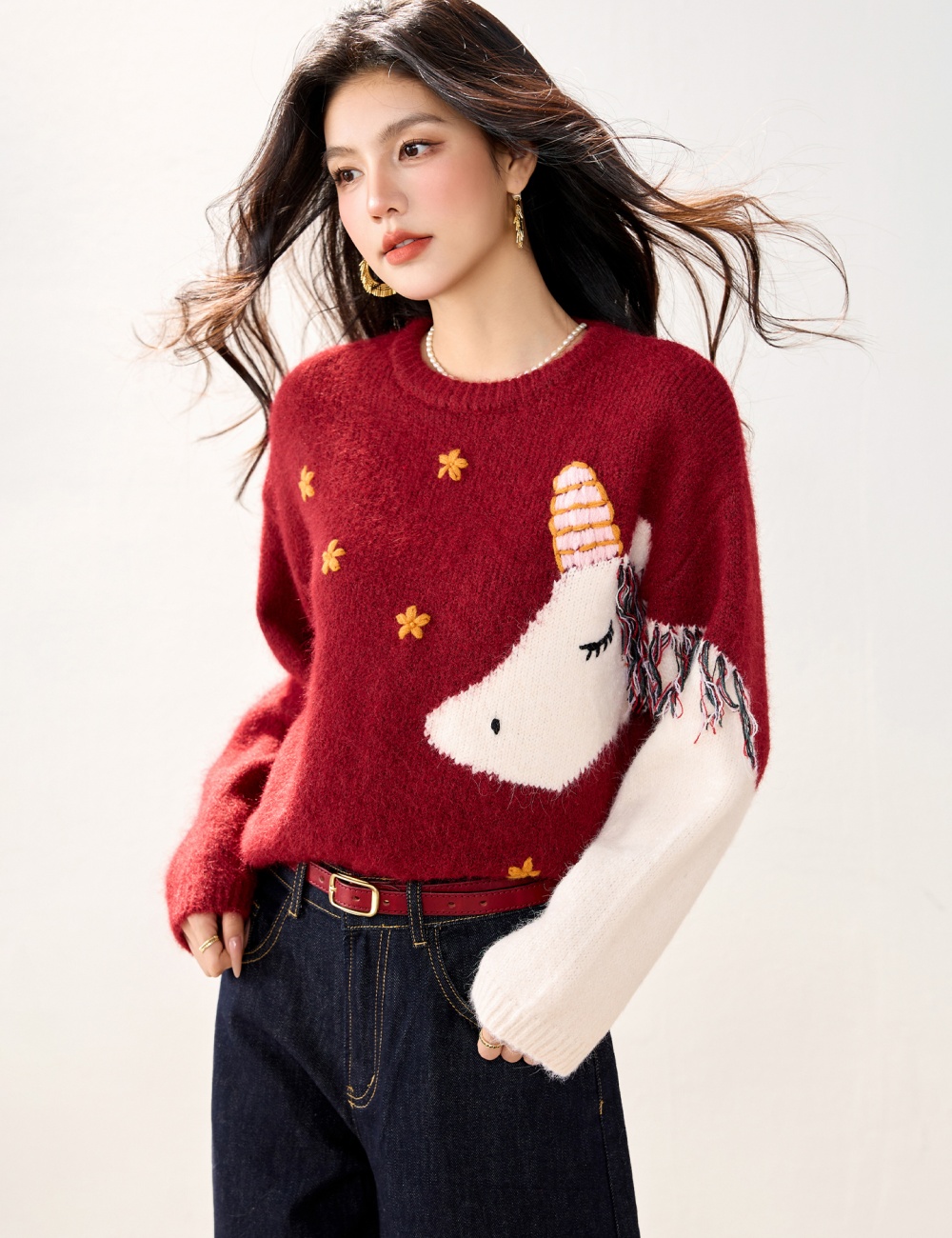 Embroidery flowers tassels pony sweater