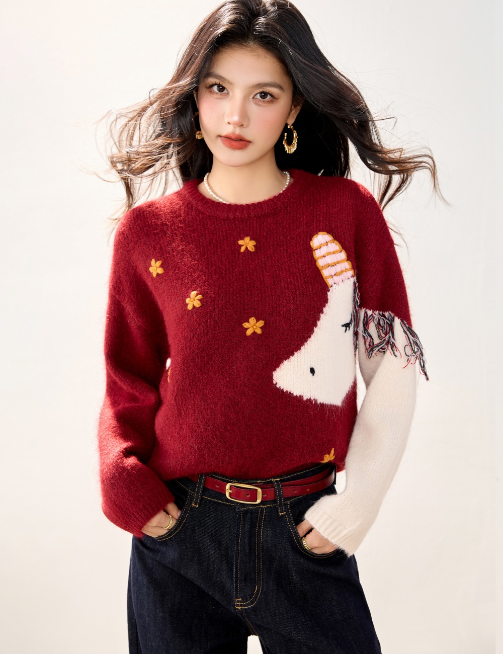 Embroidery flowers tassels pony sweater