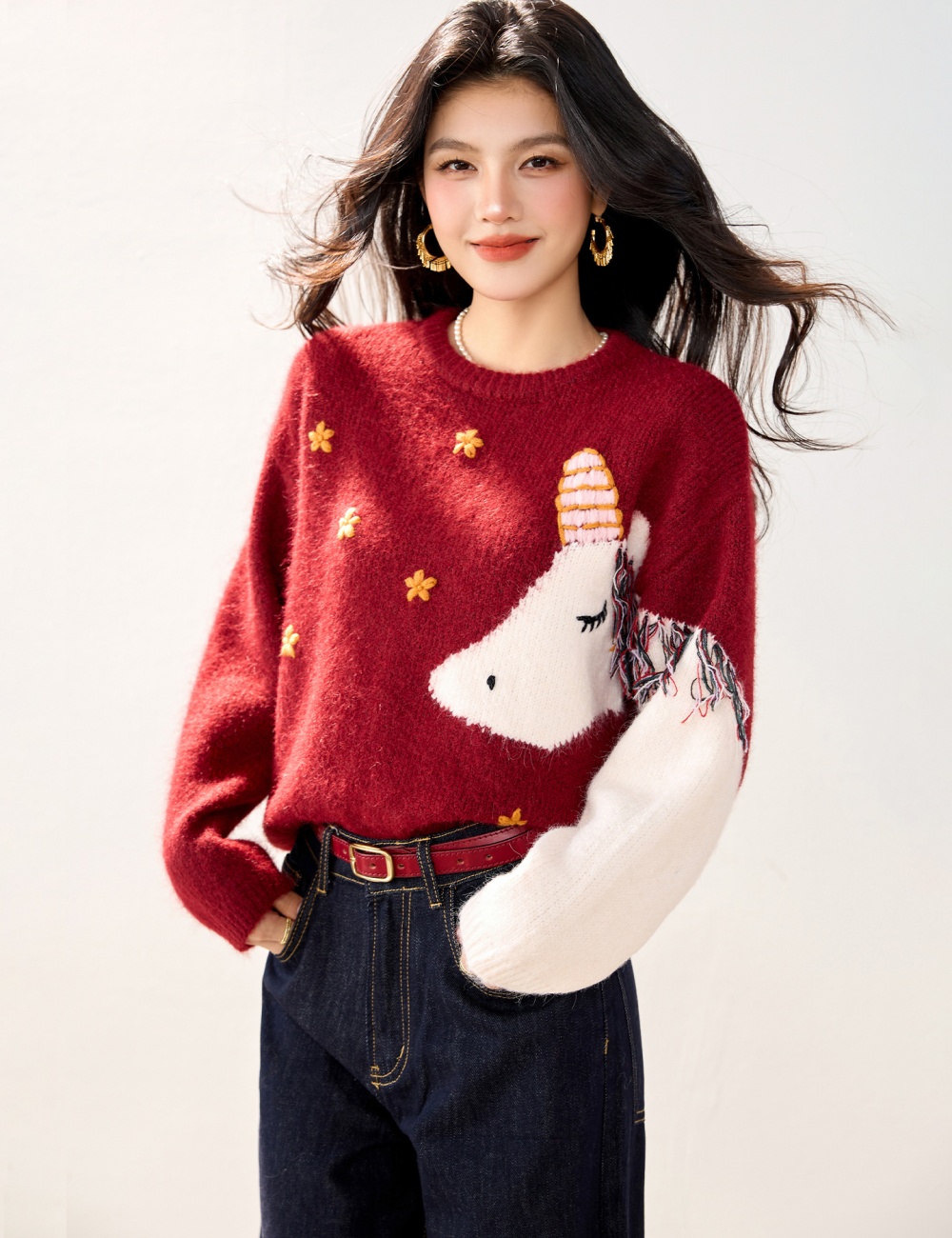 Embroidery flowers tassels pony sweater