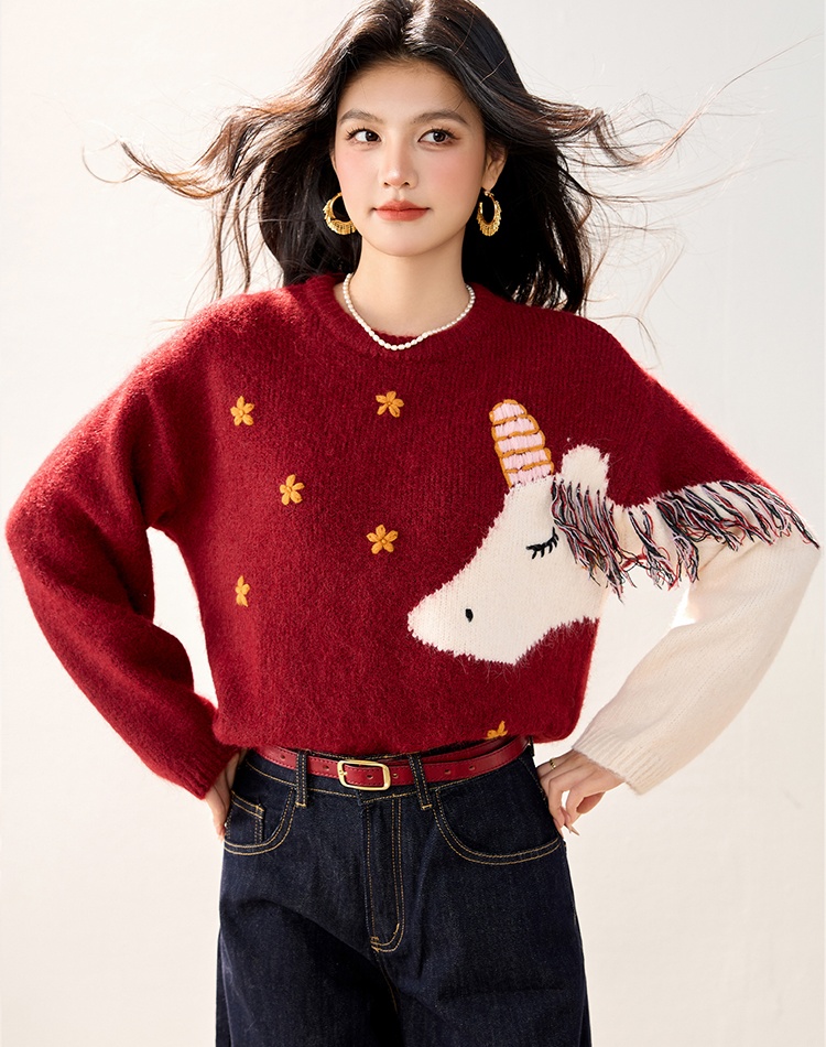 Embroidery flowers tassels pony sweater