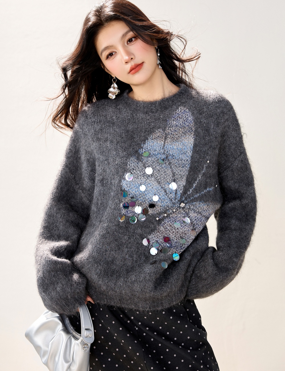 Sequins slim jacquard sweater for women