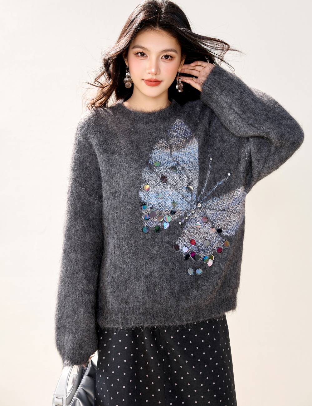 Sequins slim jacquard sweater for women
