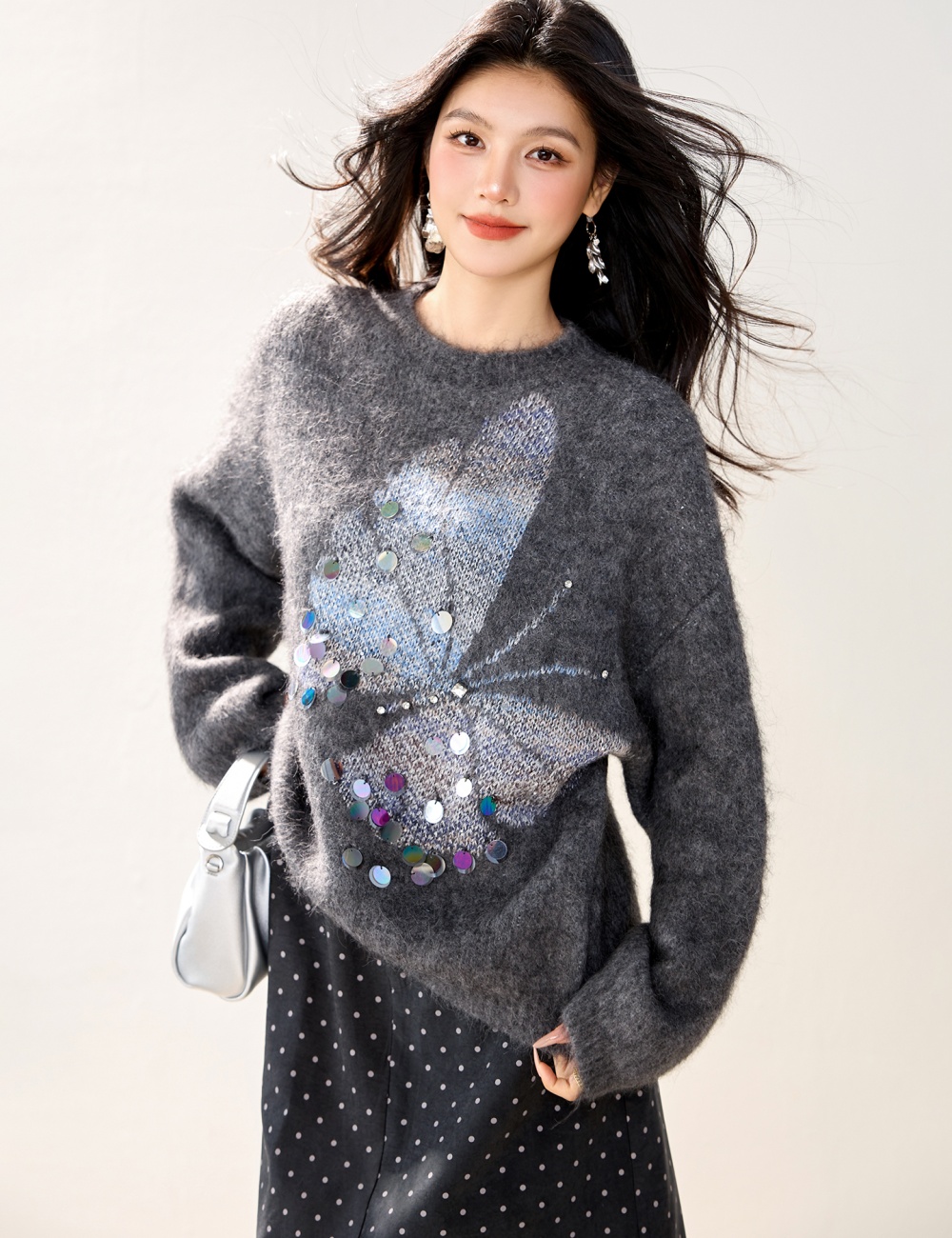 Sequins slim jacquard sweater for women