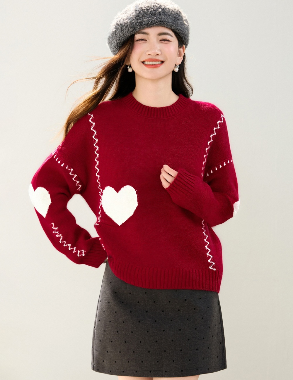 Red loose tops autumn and winter sweater for women