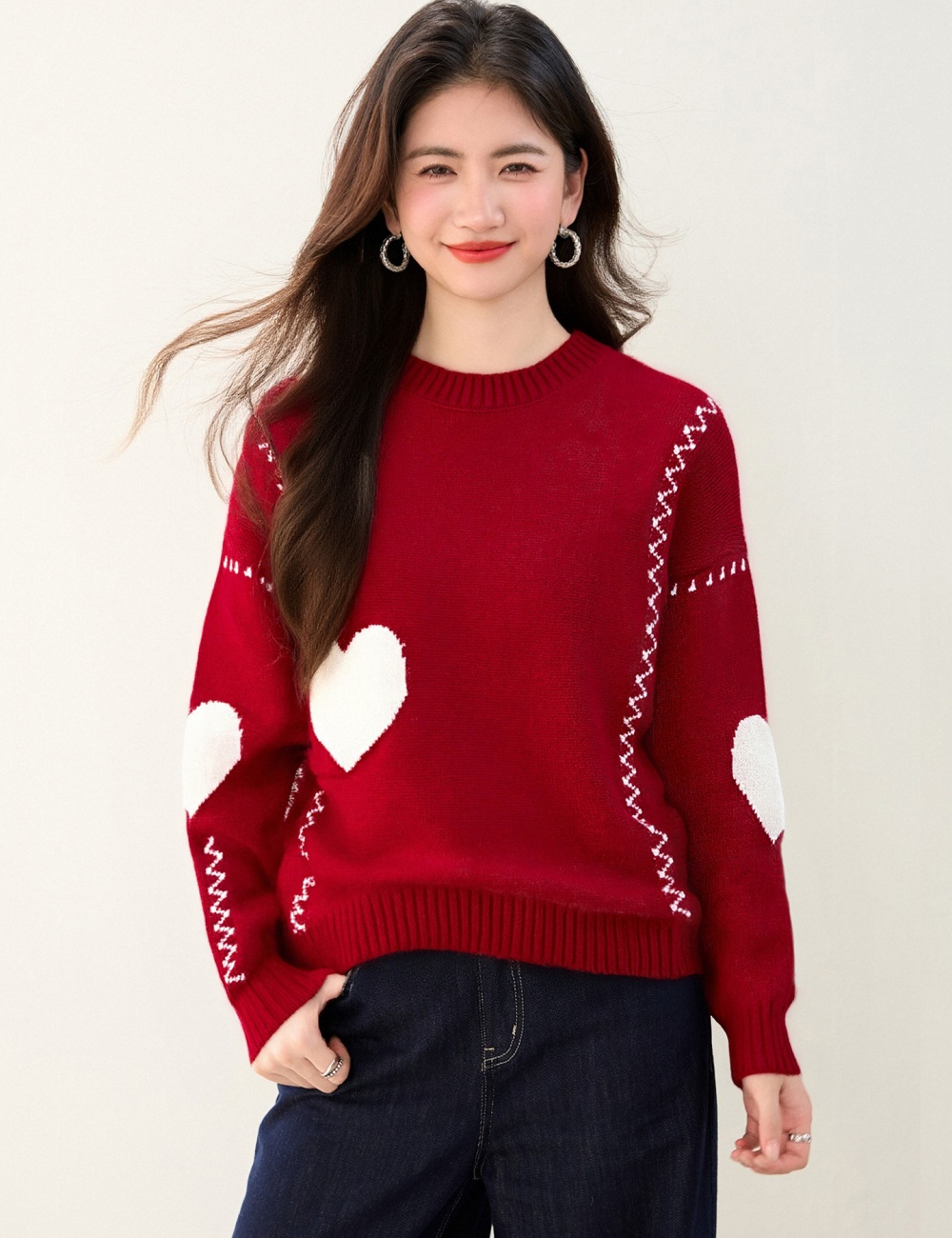 Red loose tops autumn and winter sweater for women