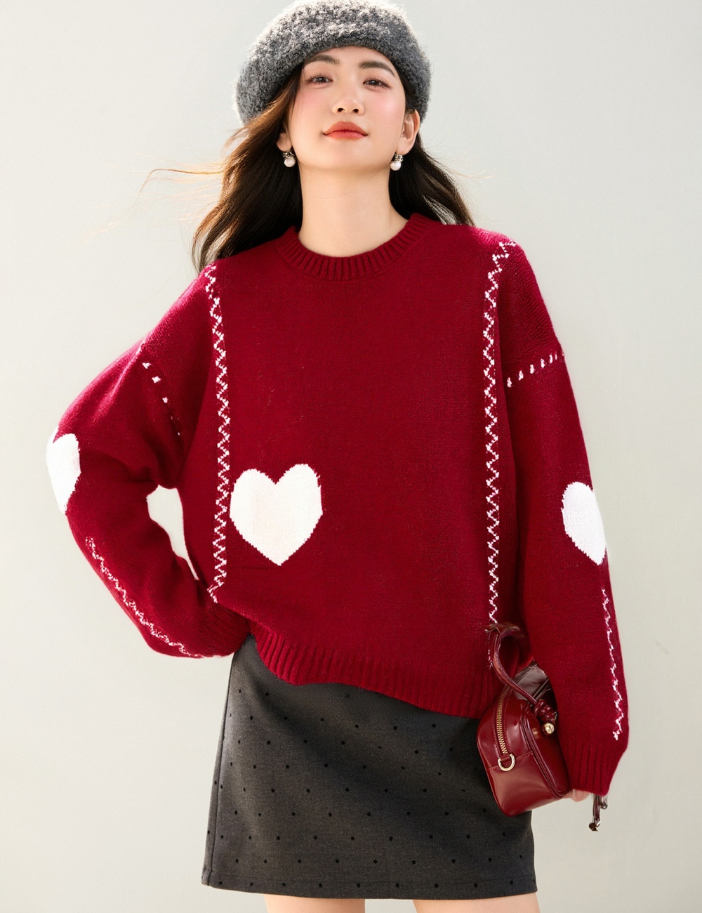 Red loose tops autumn and winter sweater for women