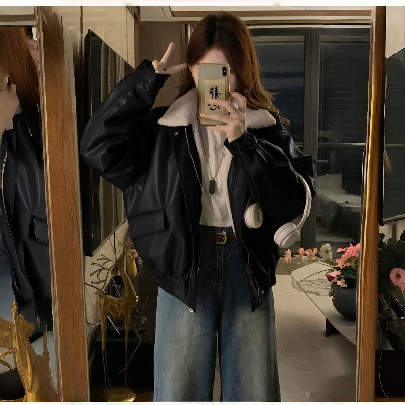 Lambs wool retro tops PU autumn cotton coat