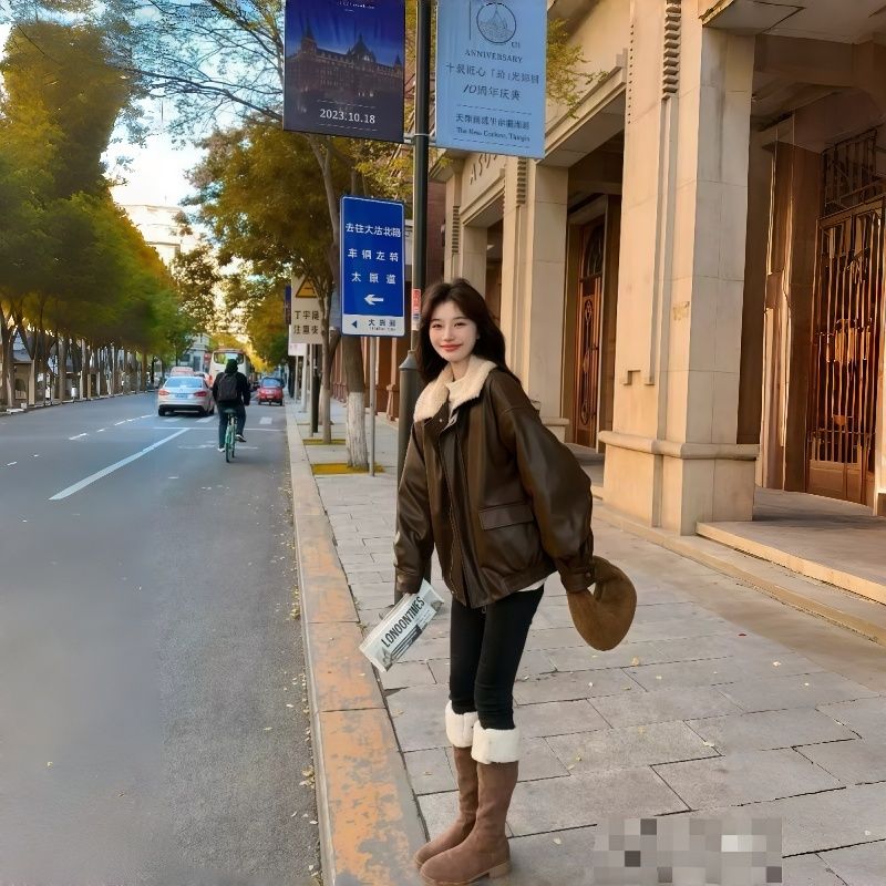 Lambs wool retro tops PU autumn cotton coat