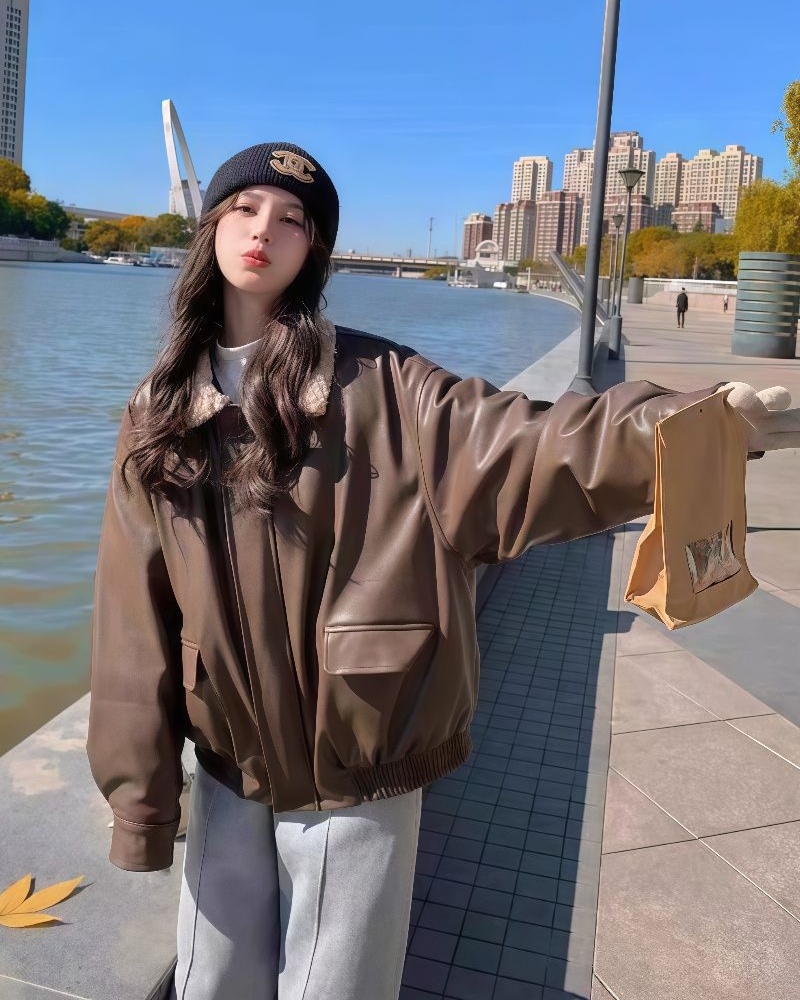 Lambs wool retro tops PU autumn cotton coat