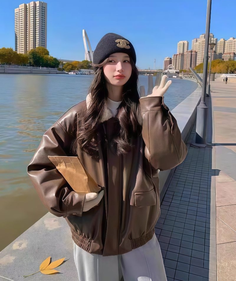 Lambs wool retro tops PU autumn cotton coat