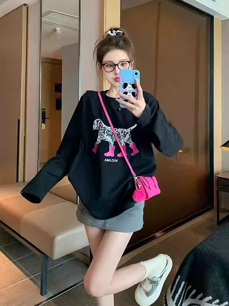 Loose long sleeve tops pure cotton T-shirt for women