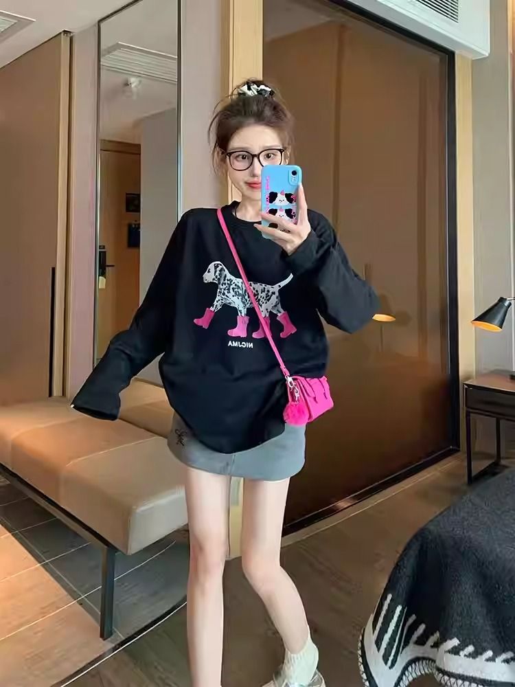 Loose long sleeve tops pure cotton T-shirt for women